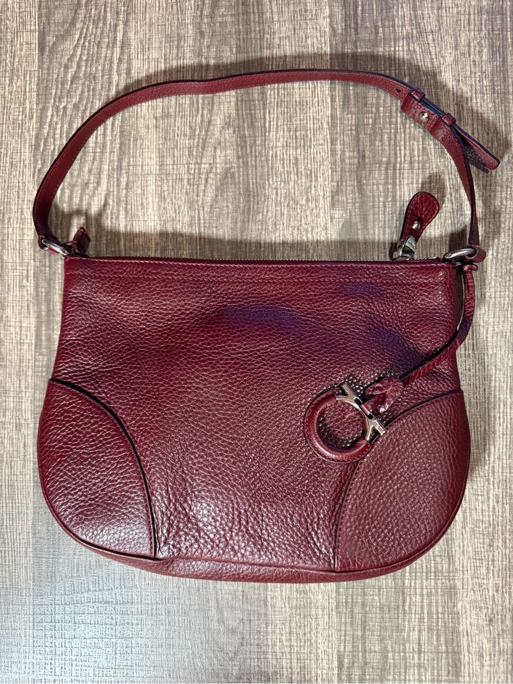 Salvatore Ferragamo Burgundy Pebbled Leather Shoulder Bag